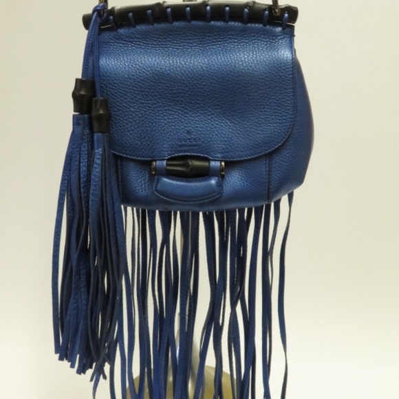Gucci Nouveau Fringe Bag Blue Metallic Leather - Picture 3 of 8
